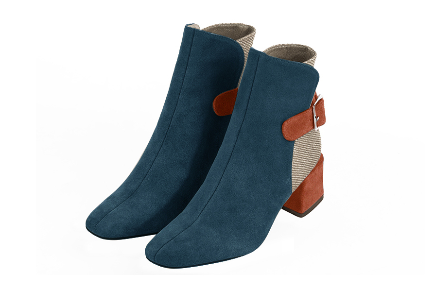 Peacock blue, natural beige and terracotta orange women's ankle boots with buckles at the back. Square toe. Medium block heels. Front view - Florence KOOIJMAN
